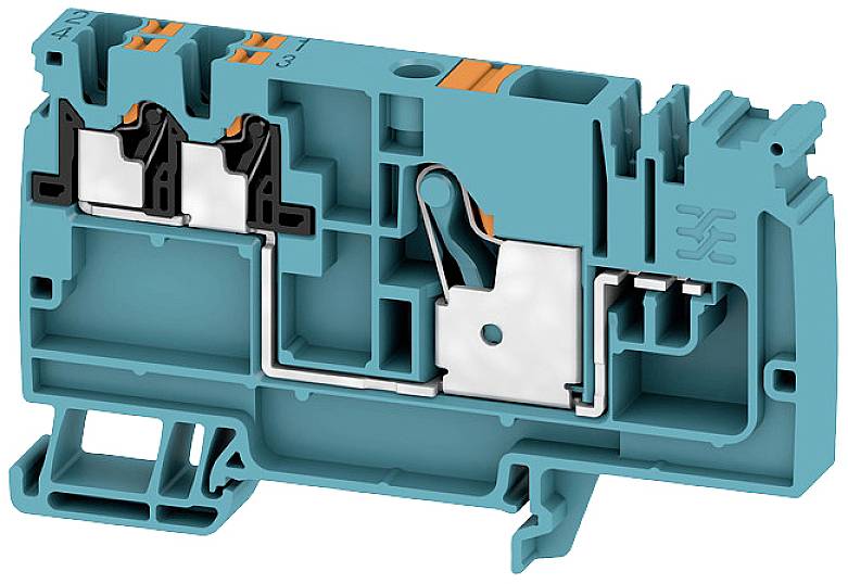 Blaues Kunststoff-Elektrogehäuse mit orangefarbenen und schwarzen Klemmen, zur sicheren Verkabelung von elektrischen Komponenten.