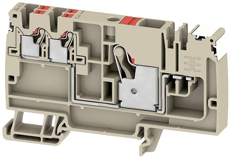Klemmblock aus Kunststoff und Metall in beige mit roten Markierungen. Verbindungs- und Installationskomponente in technischen Anwendungen.