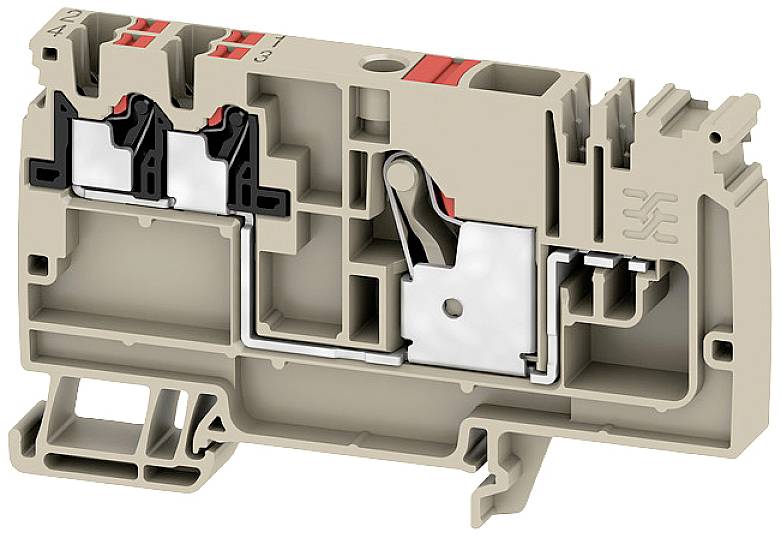 Ein Querschnitt eines elektrischen Klemmenblocks, der die internen Verbindungen und Leiteraufnahmen zeigt. Ideal für Montageanleitungen.