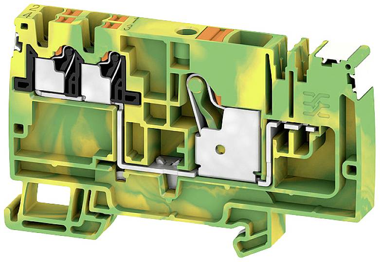 Klemmblock in grün-gelber Farbe mit metallischen Kontaktflächen, für die elektrische Verdrahtung in Schaltschränken.