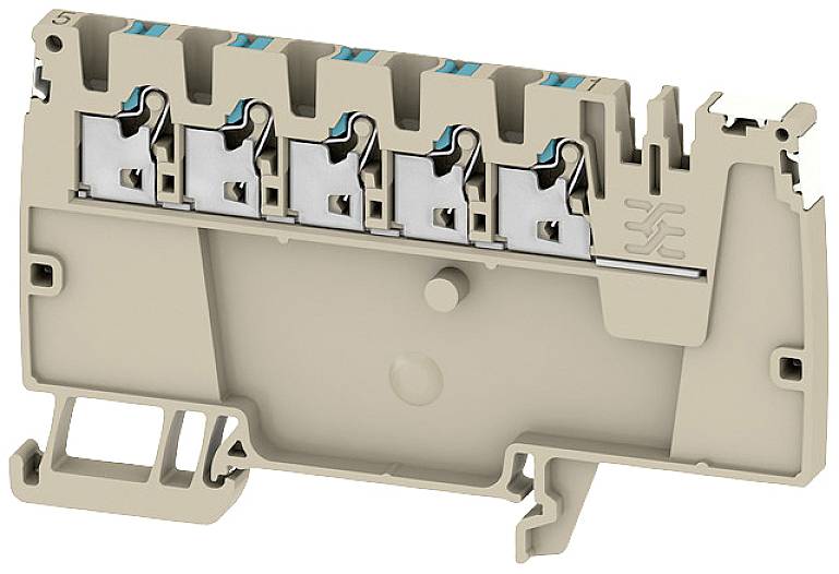 Fünfpolige Klemmenleiste aus beigem Kunststoff mit Metallkontakten, verwendet für elektrische Verbindungen.