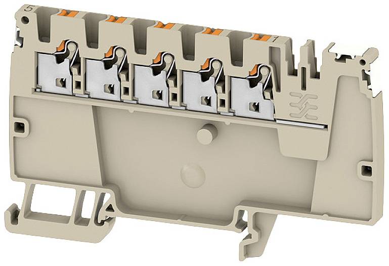 Ein beige Klemmenblock mit mehreren Steckplätzen in einer Reihe. Geeignet für die Befestigung von elektrischen Leitungen.