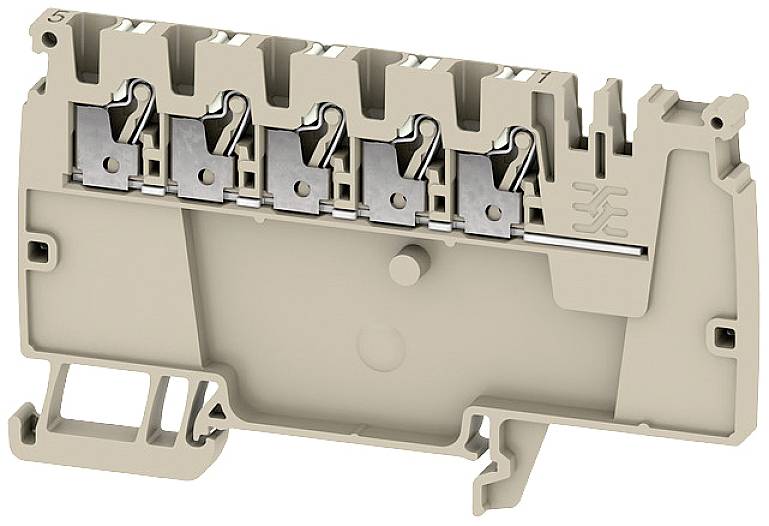 Eine beige, mehrpolige Leiterplattensteckklemme mit fünf Klemmen und Metallverbindungen, geeignet für elektrische Verbindungen und Montagen.