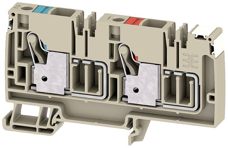 Graue elektrische Klemme mit Hebel, zwei Anschlusspunkte, farbige Markierungen in Blau und Rot, für Kabelverbindungen.