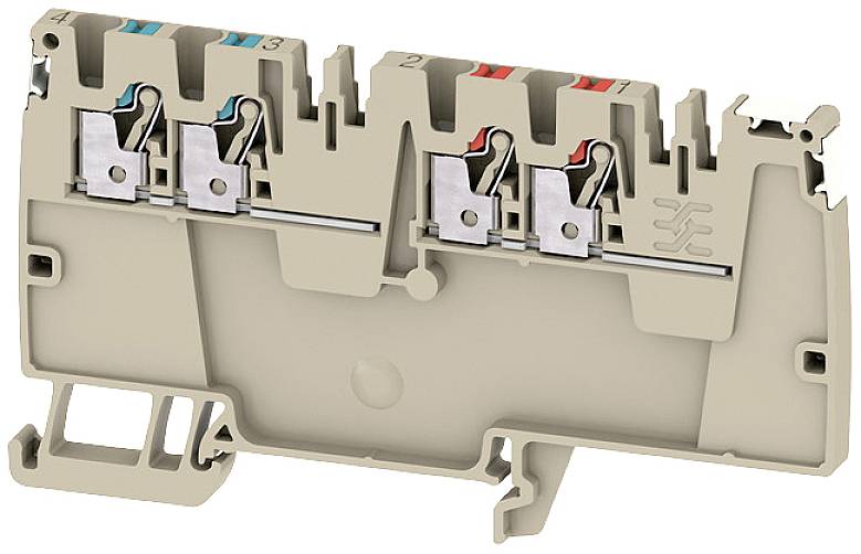 Abschnittsansicht eines Klemmenblockes mit Drähten, farbkodiert in Blau, Braun und Rot, zur elektrischen Verbindung.