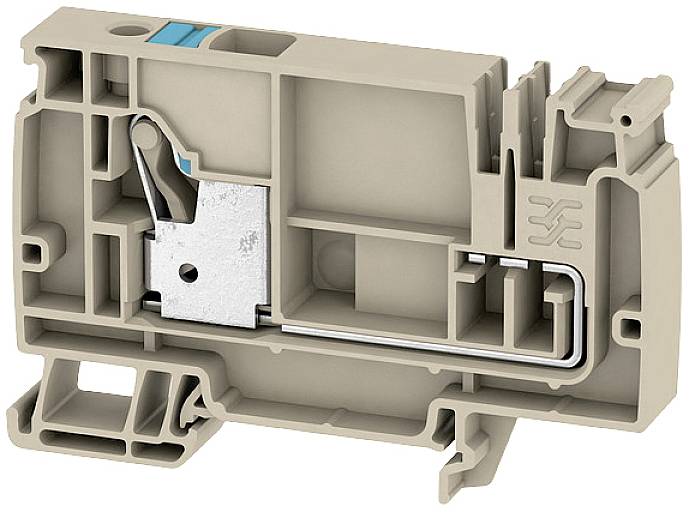 Graue Kunststoffklemme mit Metallhebel und Schlitzen zur Kabelbefestigung. Eignet sich für elektrische Anschlüsse.