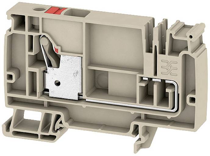 Ein elektrischer Klemmblock in Beige mit Metallkontakten und Hebel, geeignet zur Verbindung elektrischer Kabel in Schaltschränken.