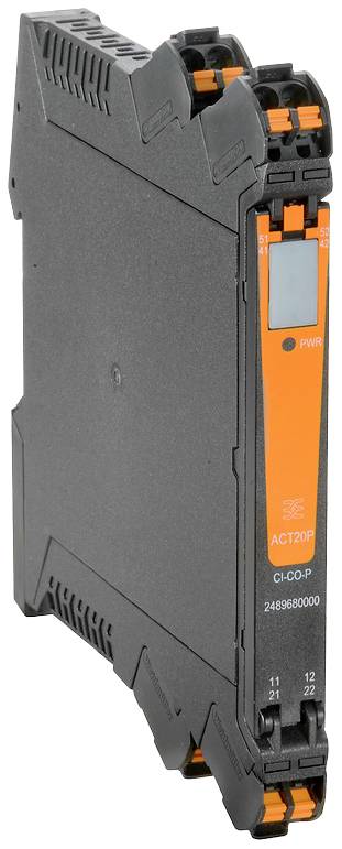 Ein schmaler, schwarzer elektronischer Baustein mit orangenen Akzenten und einer Anzeige. Es trägt die Beschriftung 'ACT20P'.