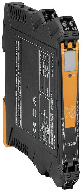 Ein schmaler, schwarzer Elektronikbaustein mit orangenen Elementen, Beschriftungen und LED-Anzeigen. Geeignet für die Hutschienenmontage.