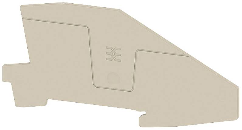 Beige Kunststoffteil mit geometrischem Design, zeigt eine diagonale, abgewinkelte Form und trägt ein zentrales Symbol.