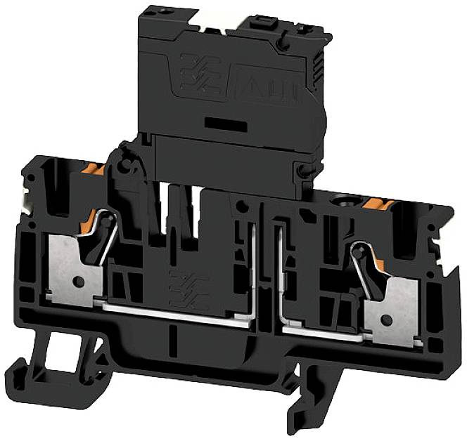 Schwarzer Reihenklemmblock mit metallischen Kontakten und Kunststoffgehäuse, verwendet zur elektrischen Verbindung und Verdrahtung.