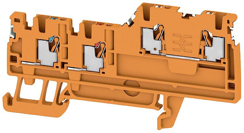 Oranger Klemmenblock mit mehreren Anschlussmöglichkeiten für elektrische Leitungen, geeignet zur Verwendung auf Hutschienen in elektrischen Schaltschränken.