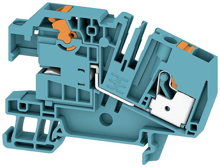Querschnitt eines Turmklemmenblocks in Türkis mit orangenen Elementen, zeigt interne Mechanik und Struktur.