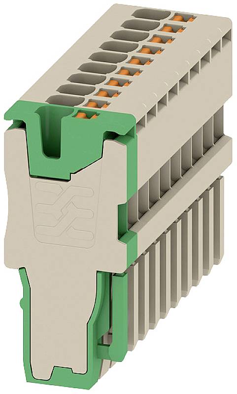 Ein grauer, gestapelter Steckverbinder mit orangenen Anschlussklemmen und grünem Befestigungsclip für elektrische Verbindungen.