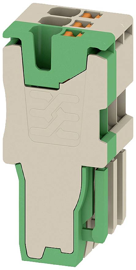 Ein vertikaler, grüner und beiger elektrischer Steckverbinder für DIN-Schienen von Phoenix Contact, geeignet für industrielle Anwendungen.