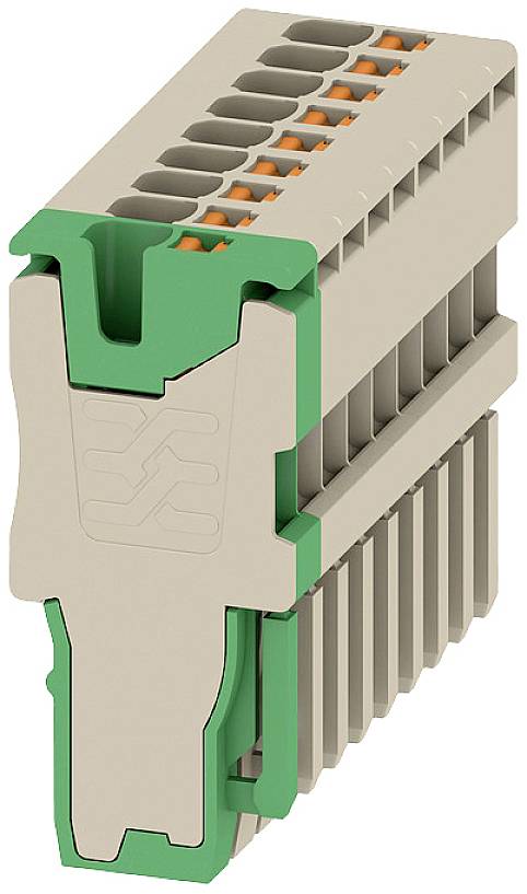 Ein Steckverbinder mit grünem Gehäuse und mehreren Anschlussklemmen, verwendet für die Montage auf einer DIN-Schiene in elektrischen Systemen.