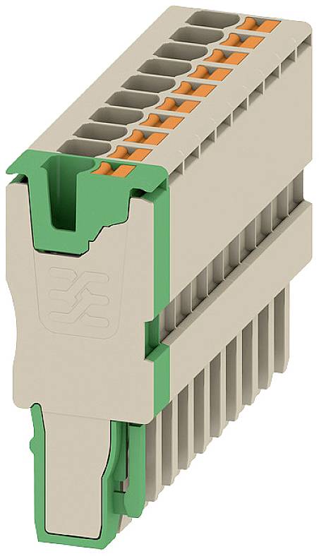 Steckverbinder mit grauem Gehäuse, orangefarbenen und grünen Akzenten, zeigt 12 Anschlüsse.