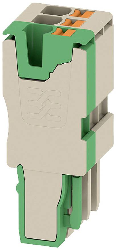 Ein grüner und beiger Steckverbinder mit mehreren Anschlussklemmen, geeignet für die Verbindung elektrischer Drähte in einem Schaltschrank.