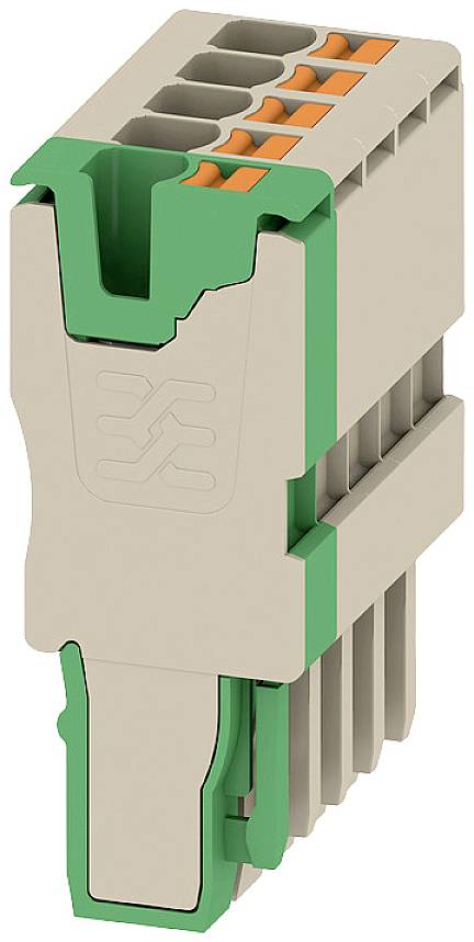 Steckverbinder mit fünf Klemmpunkten, grau mit grünen und orangefarbenen Akzenten. Dient zur Verbindung von elektrischen Leitungen.