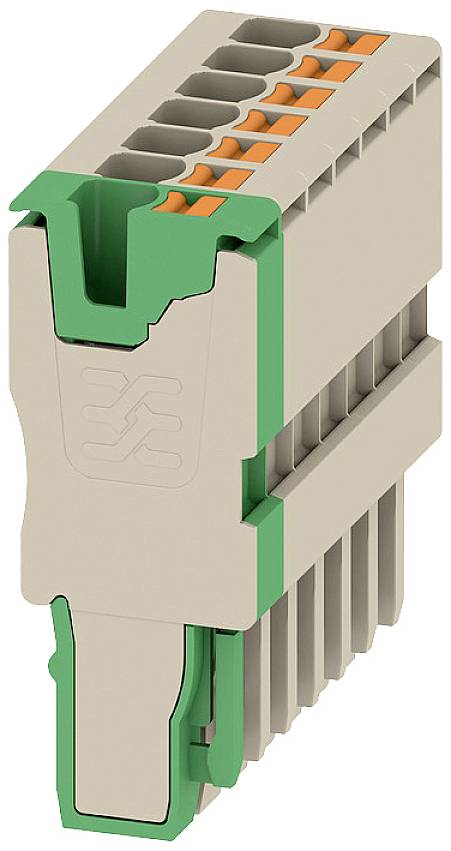 Elektrischer Steckverbinder mit grünen und orangen Elementen, geeignet für die sichere Verbindung von Kabeln in elektronischen Geräten.