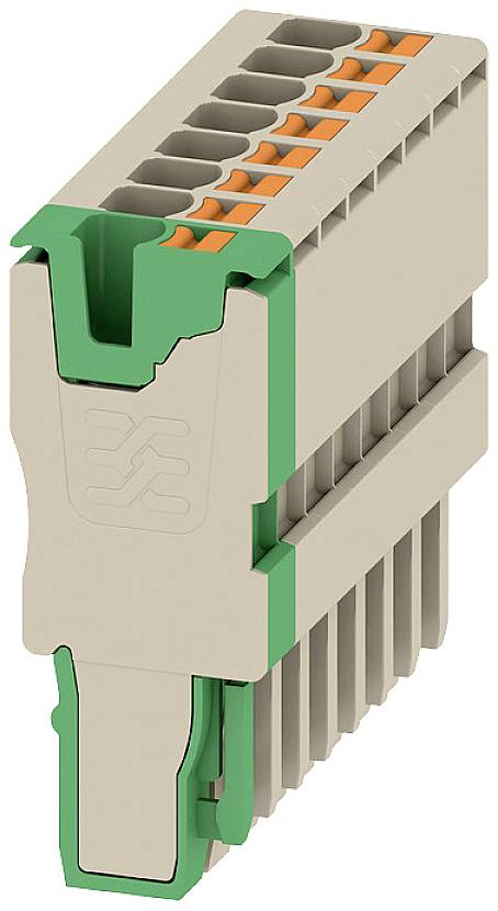 Steckverbinder in Beige und Grün mit mehreren Anschlüssen. Geeignet für elektrische Verbindungen in Schaltschränken.