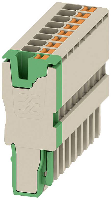 Elektrische Steckklemme in Beige und Grün, vertikal angeordnet. Oberseite zeigt mehrere Steckplätze, geeignet für Verbindungen in einem Schaltschrank.