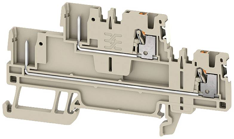 Klemmenblock mit seitlicher Verbindungsleiste und Klemmvorrichtungen, geeignet für Elektrokabelverbindungen in Schaltschränken.