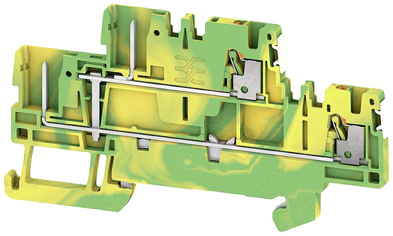 Grün-gelber Anschlussklemme für elektrische Installationen. Zeigt interne Metallkontakte und Kunststoffgehäuse mit Montageschiene.