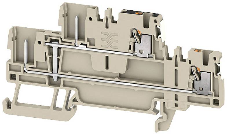 Querschnitt einer beige Klemme mit Metallkomponenten und Verbindungspunkten zur Installation in elektrischen Schaltschränken.