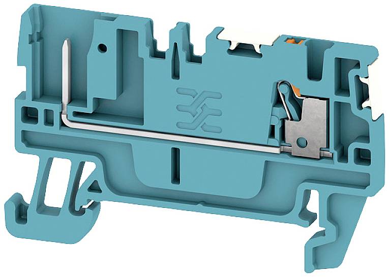 Ein türkisfarbener elektrotechnischer Anschlussklemme mit Metallkomponenten und Kunststoffrahmen, die zum Verbinden von Kabeln dient.
