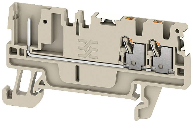 Querschnittansicht eines grauen elektrischen Reihenklemmenblocks mit zwei Anschlüssen links und rechts, deutlich sichtbar im Inneren.