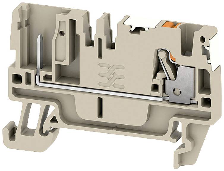 Abbildung eines Querschnitts durch ein beige-farbenes, industrielles Steckverbindungselement mit sichtbaren elektrischen Komponenten.