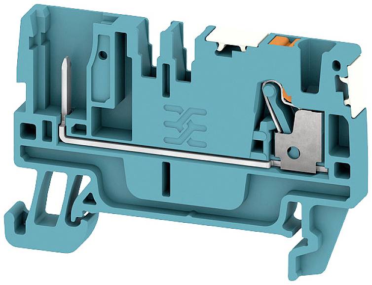 Querschnitt eines elektrischen Klemmblocks, zeigt interne Metallverbindungen und Kunststoffgehäuse, verwendet zur Drahtverbindung.