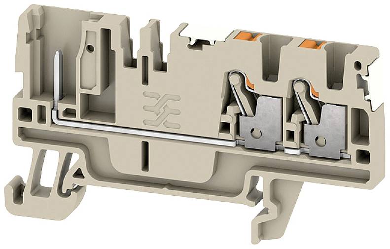 Querschnittsmodell eines elektrischen Klemmblocks, das die internen Verbindungen und Mechanismen zeigt.