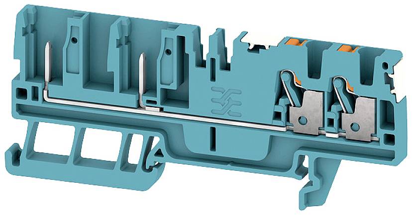 Blaues, halbtransparentes Klemmengehäuse mit Metallteilen zur elektrischen Verbindung, seitlich geöffnet.