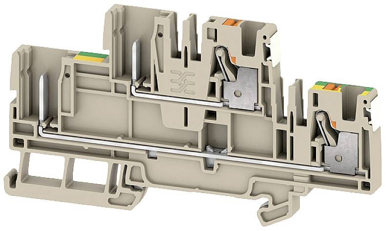 Reihenklemme aus Kunststoff mit Metallelementen, in seitlicher Ansicht. Geeignet für elektrische Verdrahtung und Montage in Schaltschränken.