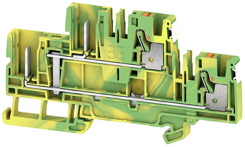 Elektrischer Steckverbinder in Gelb-Grün mit mehreren Anschlüssen. Zeigt interne Konstruktion und Kabelverbindungen.