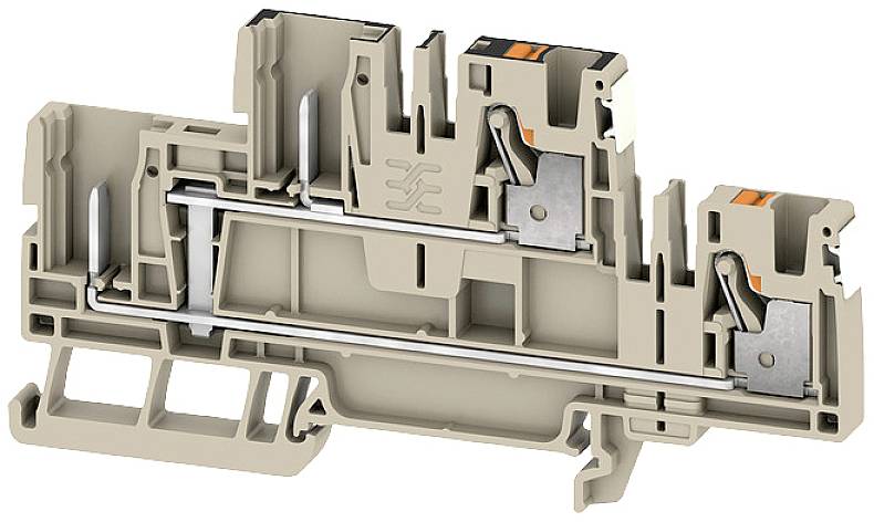 Eine graue elektrische Klemme mit sichtbarer Metallverbindung, gezeigt in einem Querschnitt für die Montage in einem Schaltschrank.