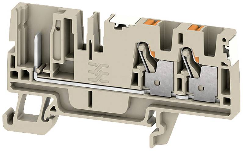 Eine beige elektrische Klemmleiste mit zwei metallischen Kontaktklemmen und einem seitlichen Anschlusshaken für elektrische Verbindungen.