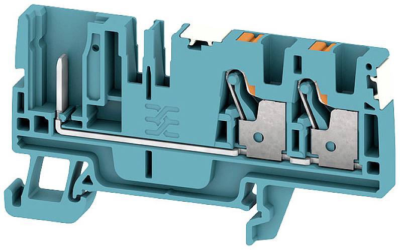 Querschnitt eines blauen Klemmenblocks mit metallischen Kontakten und Details zur Verdrahtung.