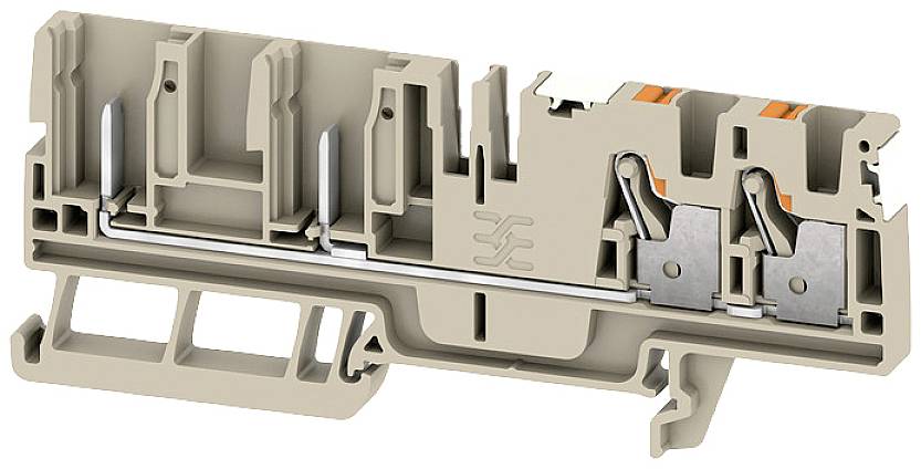 Ein hellbrauner Klemmenblock mit Metallkontakten und Hebelmechanismen, zur Befestigung von elektrischen Leitungen in Schaltschränken.