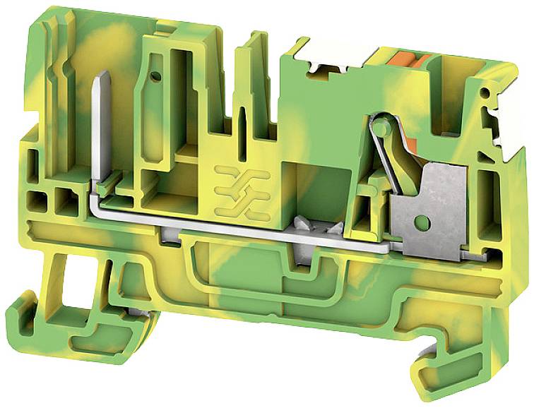 Kabelklemme aus Kunststoff in Grün und Gelb, mit metallischen Kontakten, zur Verbindung von elektrischen Leitungen in Schaltschränken.