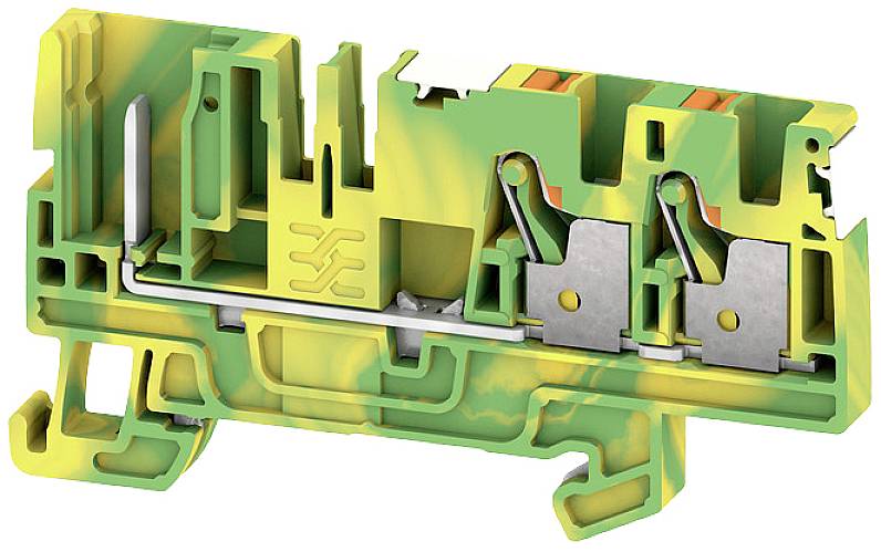Ein grünes und gelbes elektrisches Klemmengehäuse mit sichtbarer Metallkomponente, bekannt für die Verbindung elektrischer Kabel.