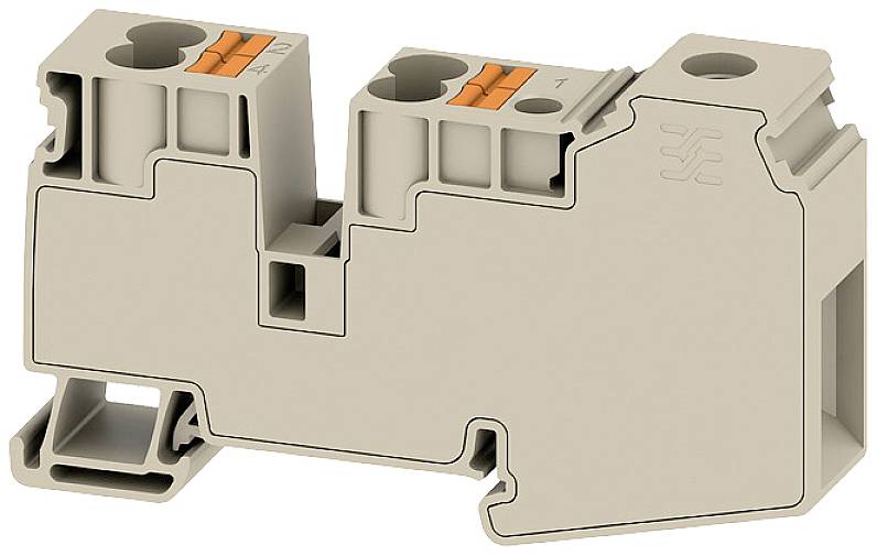 Eine beige Reihenklemme mit zwei Anschlüssen und orangefarbenen Hebeln zur Kabelbefestigung. Geeignet für elektrische Installationen.