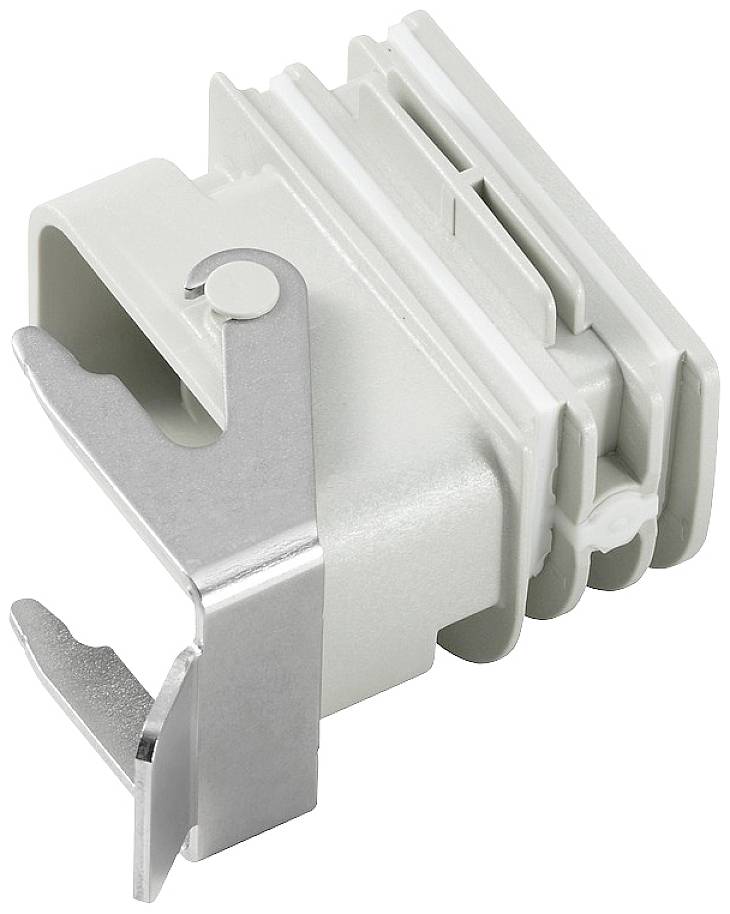 Ein weißer, rechteckiger Kunststoffadapter mit einem silbernen Metallclip. Der Adapter hat Schlitze und eine Öffnung auf der Seite.