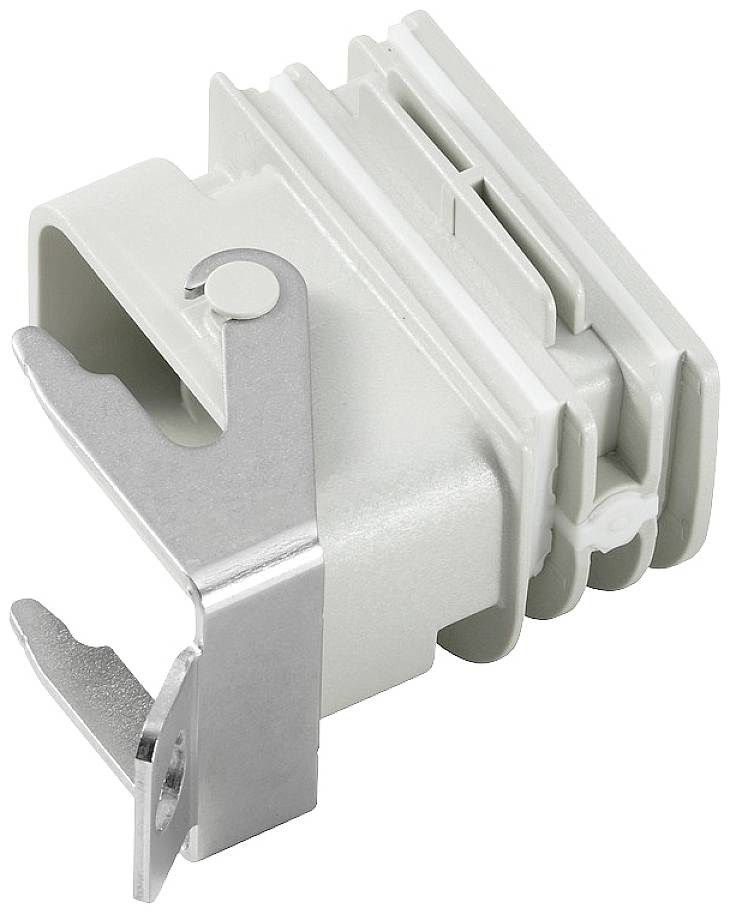 Ein weißes Kunststoffgehäuse mit einem Metallclip an der Seite. Der Clip ist in einem C-Form gebogen. Das Gehäuse hat geriffelte Seiten.