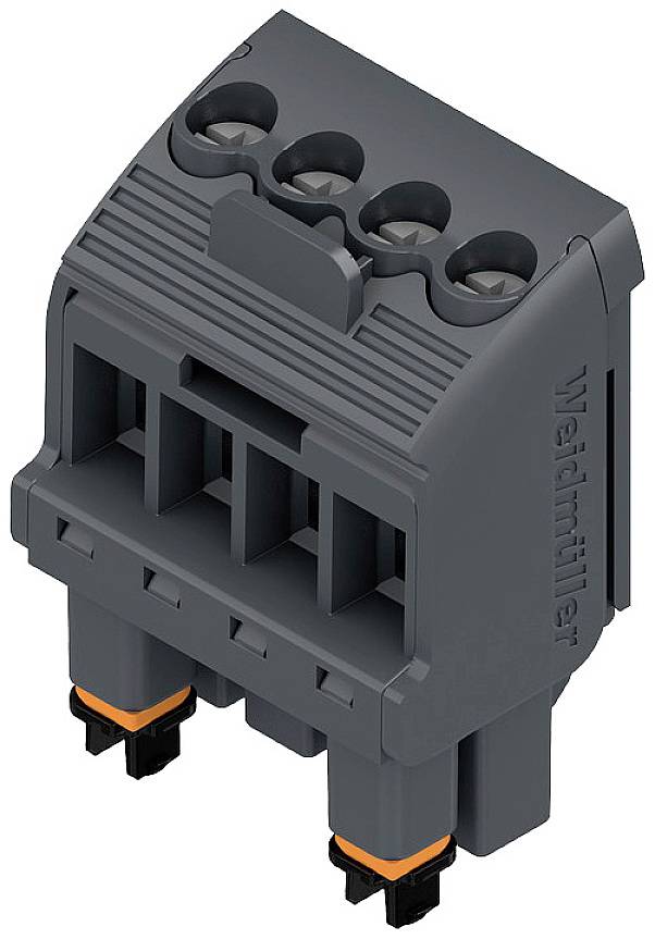 Grauer elektrischer Steckverbinder mit vier Öffnungen oben und zwei Anschlussstiften unten, geeignet für elektrische Verdrahtungen.