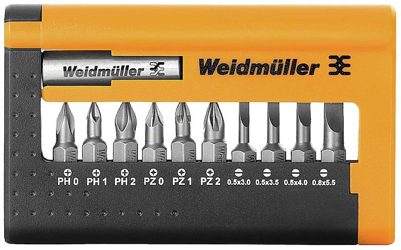 Ein Set von zehn Weidmüller Schraubendreher-Bits in einem orange-schwarzen Halter, markiert mit verschiedenen Bit-Größen.