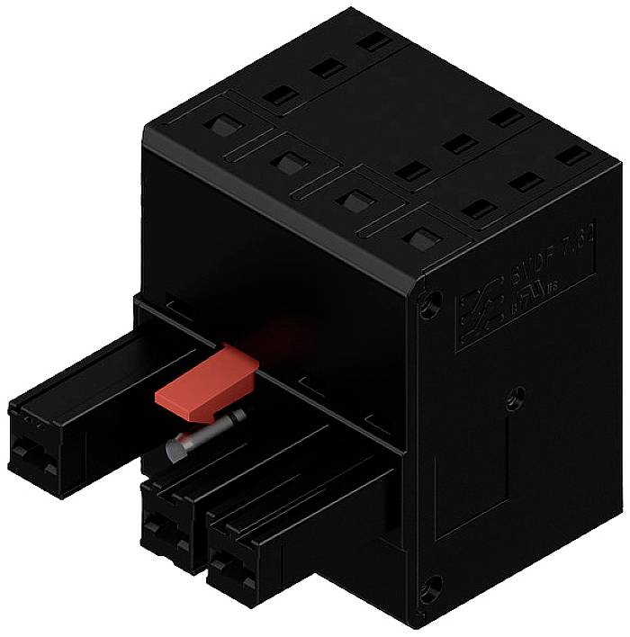 Schwarzes Kunststoffmodul mit mehreren Anschlüssen und rotem Hebel in der Mitte, vermutlich Teil eines elektrischen Schaltsystems.