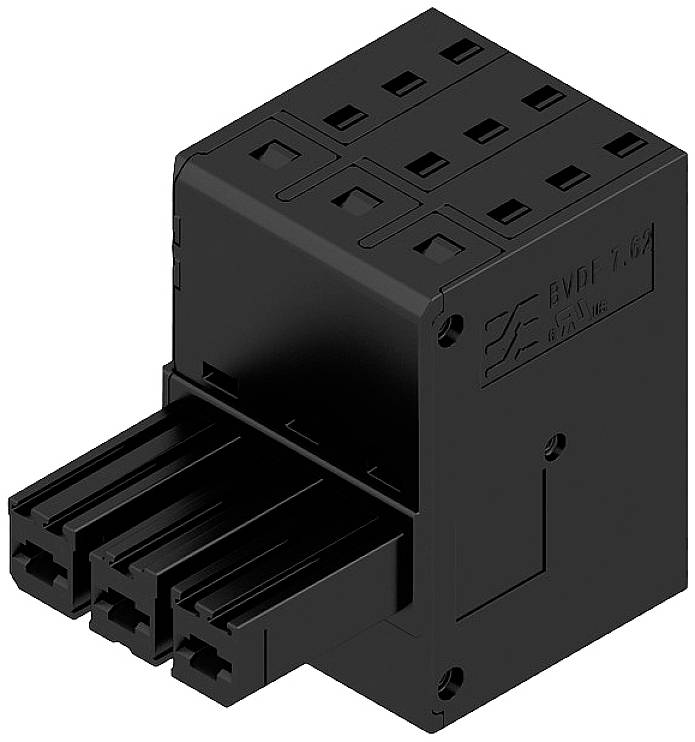 Ein schwarzer elektrischer Steckverbinder mit mehreren Einsteckplätzen, geeignet für komplexe Verkabelungsanwendungen in der Elektronik.